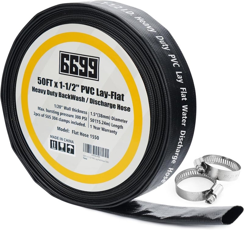 6699 Heavy Duty Discharge Hose PVC Lay Flat Water Tubing with Clamps Easy to Use Weather and Burst Resistant for Pools 1-1/2” ID x 50FT Drainage Kit - Image 1